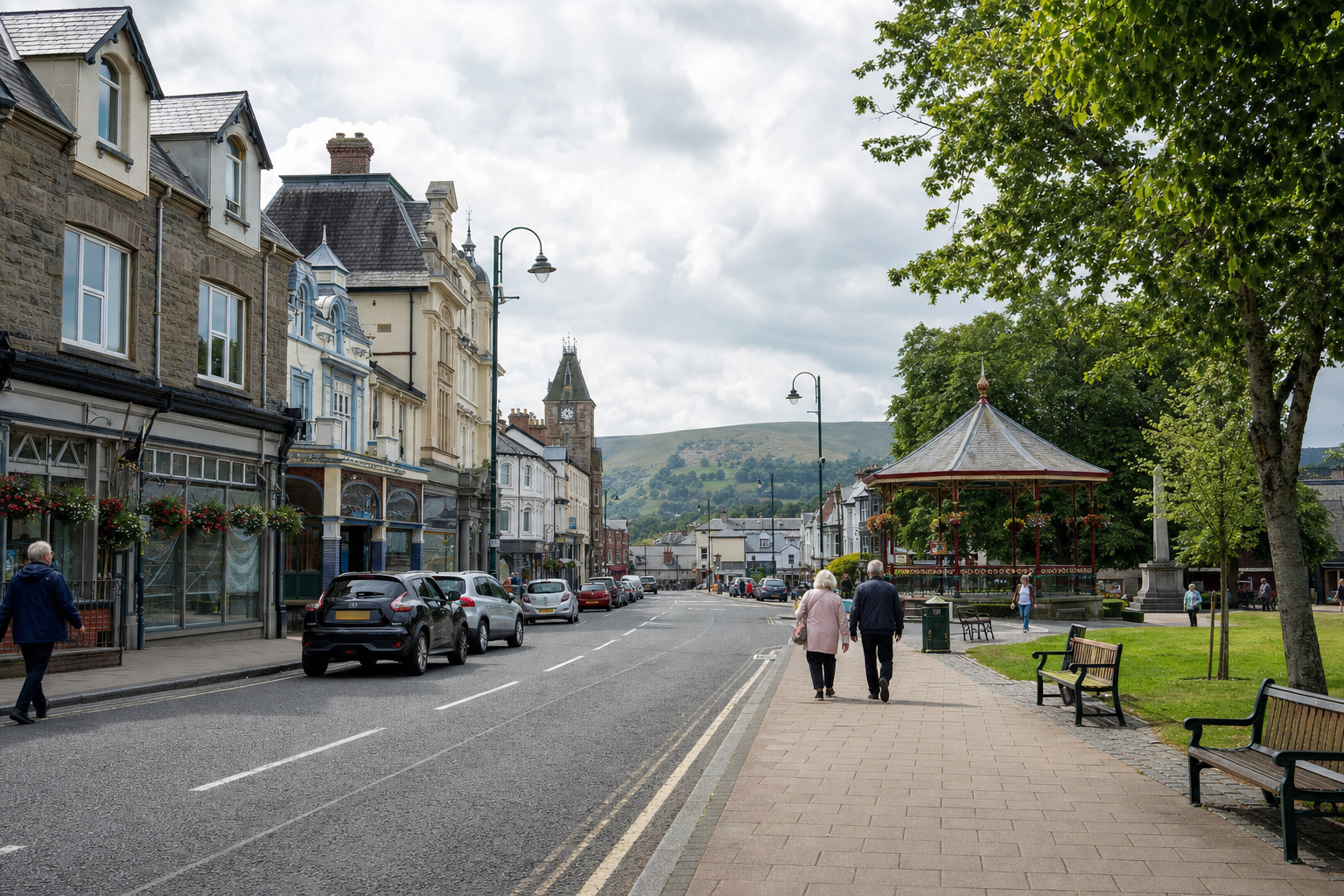 Two people walk hand in hand along a quaint British town street lined with historic buildings and a park.