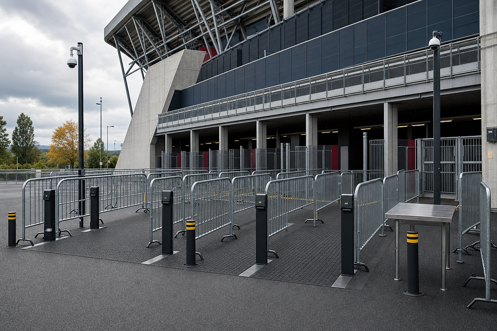 Turnstiles and barriers at a stadium entrance under an overcast sky.