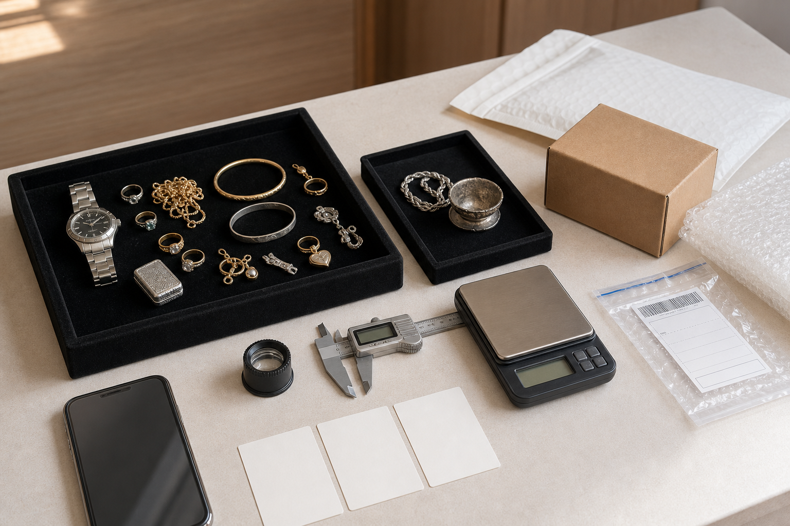 Jewelry and watch on display with packaging materials, scale, and measuring tools on a table.