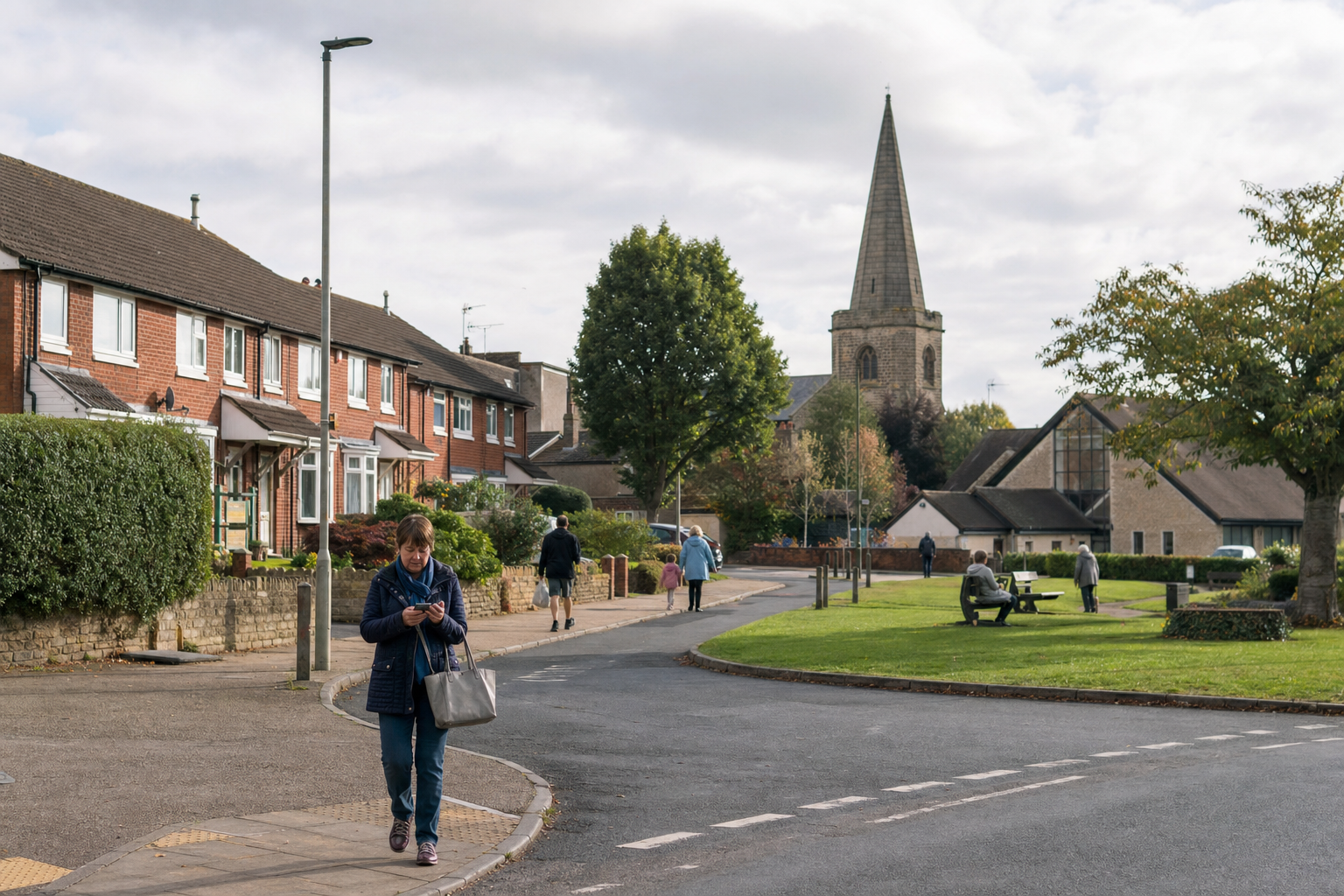 A woman walks along a residential street while using her phone, with a church and other pedestrians in the background.