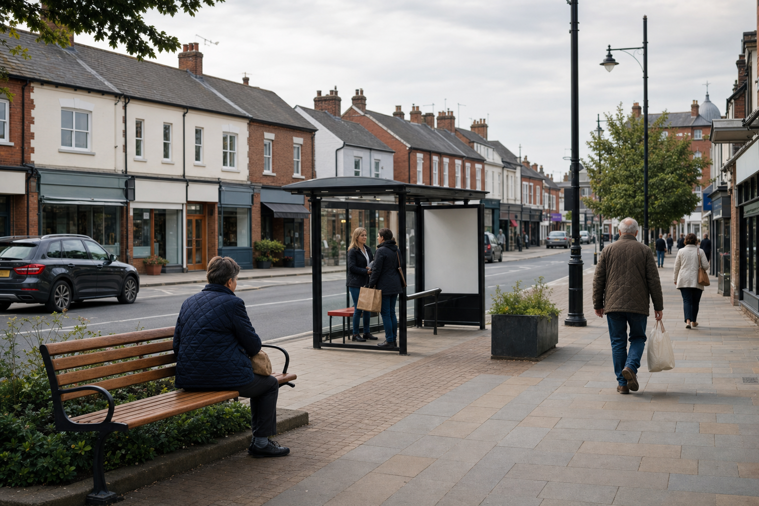 A quiet street scene with people at a bus stop and a person sitting on a bench, lined with shops and parked cars.