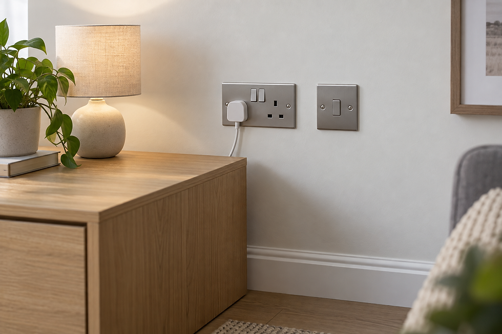 Wooden sideboard with a lamp and plant, adjacent to modern electrical sockets on a light-coloured wall.