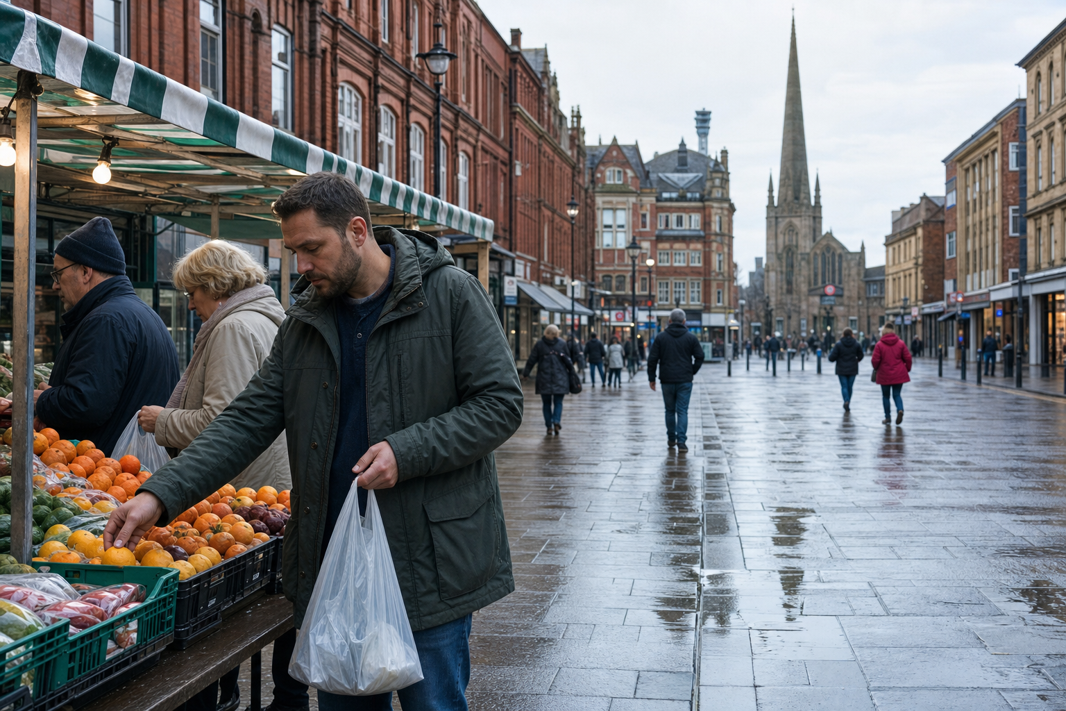 Man selecting fruit at an outdoor market stand on a wet street with historic buildings in the background.