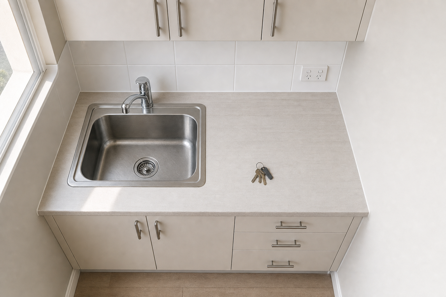 A tidy kitchen workspace with a stainless steel sink and a set of keys on the countertop.