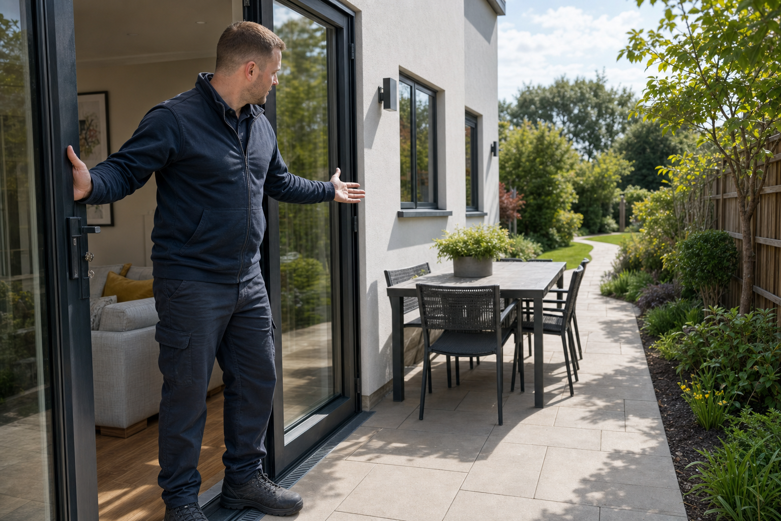 A man in a dark outfit opens a glass door to a patio with a dining table and garden.