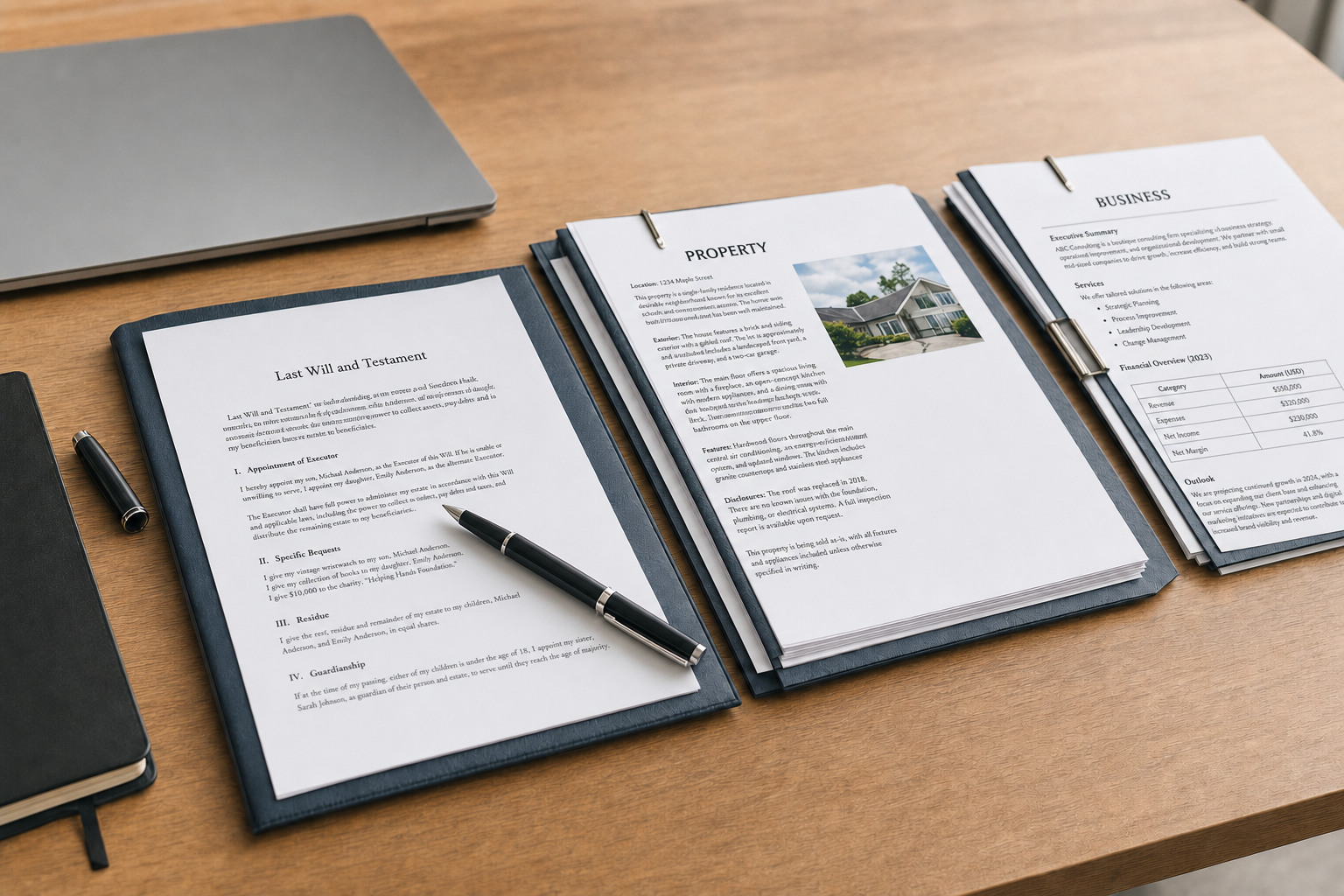 Documents titled "Last Will and Testament," "Property," and "Business" arranged on a desk next to a laptop and pen.