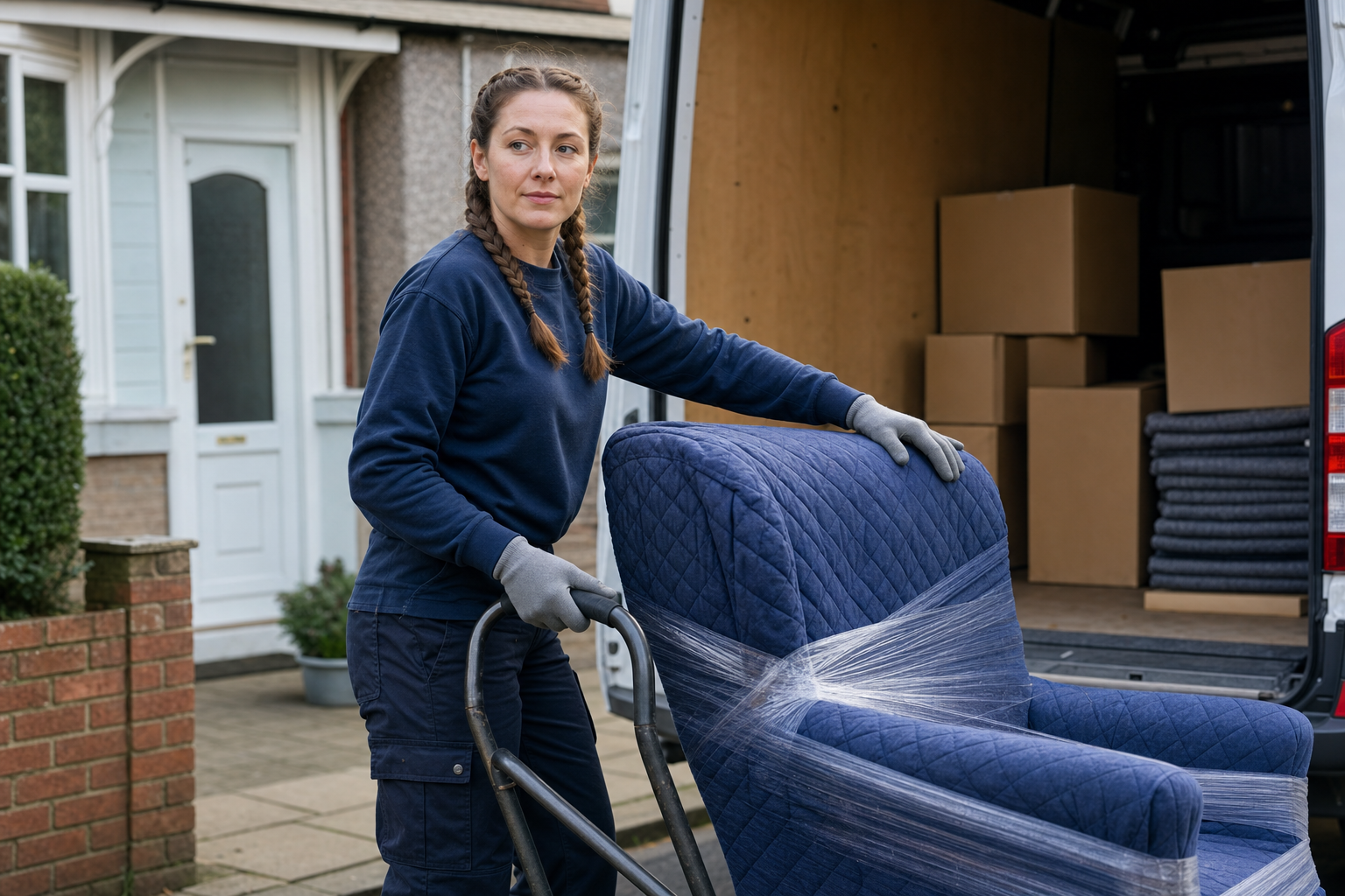 A woman moves a blue armchair wrapped in plastic film from a van, with cardboard boxes in the background.