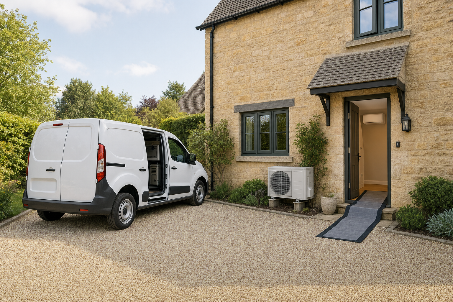 White van parked in a gravel driveway next to a stone house with an open door and a visible air conditioning unit.