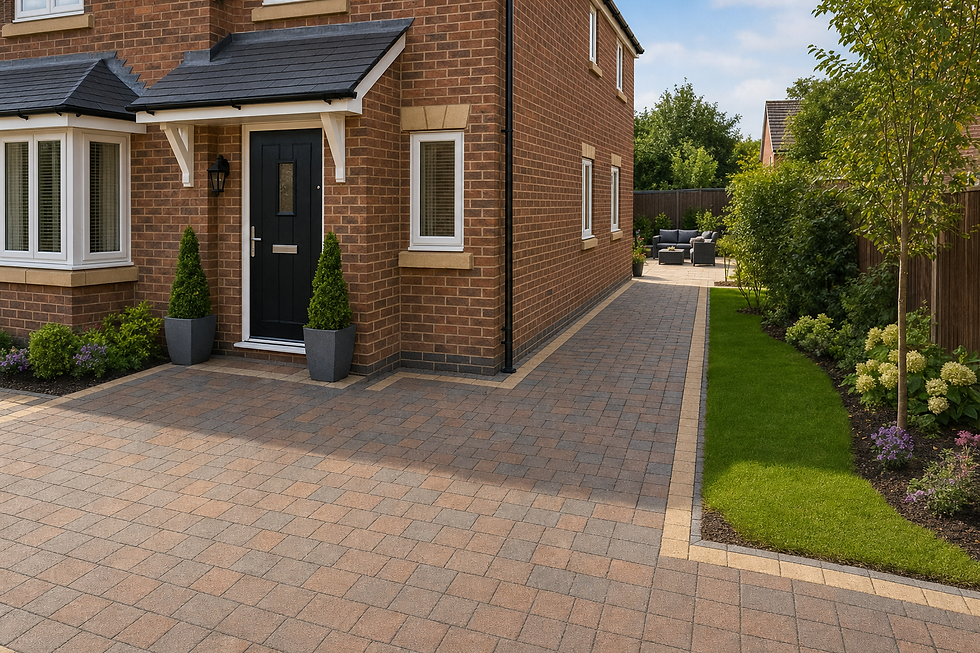 Modern brick house entrance with black door, surrounded by paved driveway and manicured garden path leading to seating area.