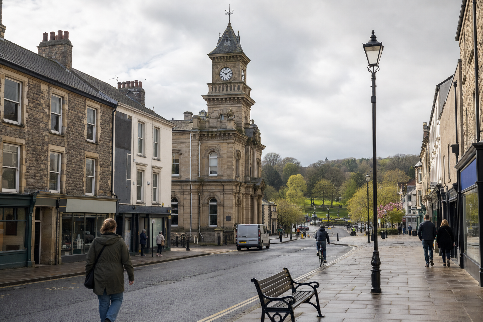 A street scene in a quaint British town with a clock tower, surrounded by historic buildings and green trees.