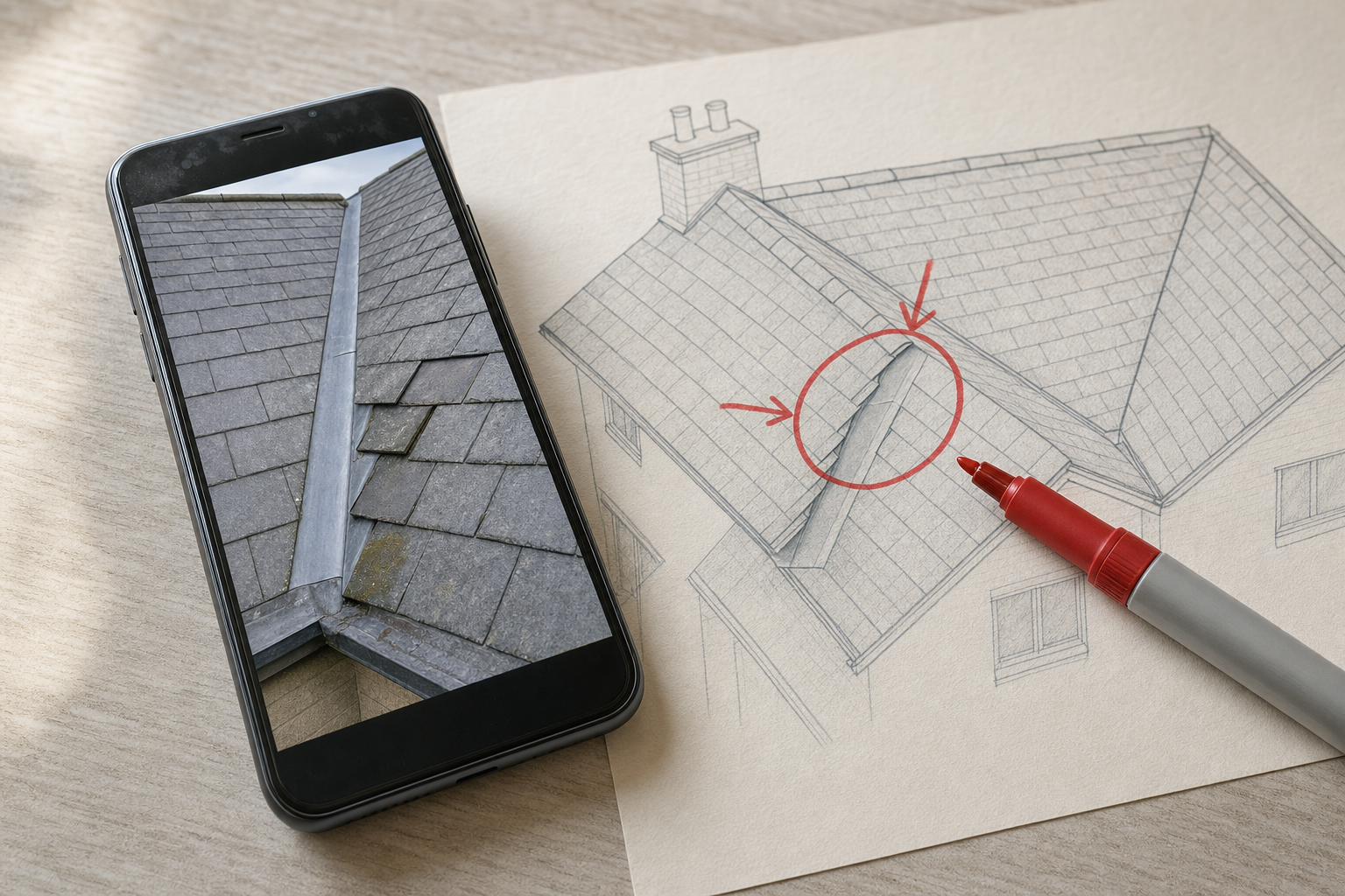 Smartphone displaying a roof image next to a sketch highlighting a roofing issue with a red pen.
