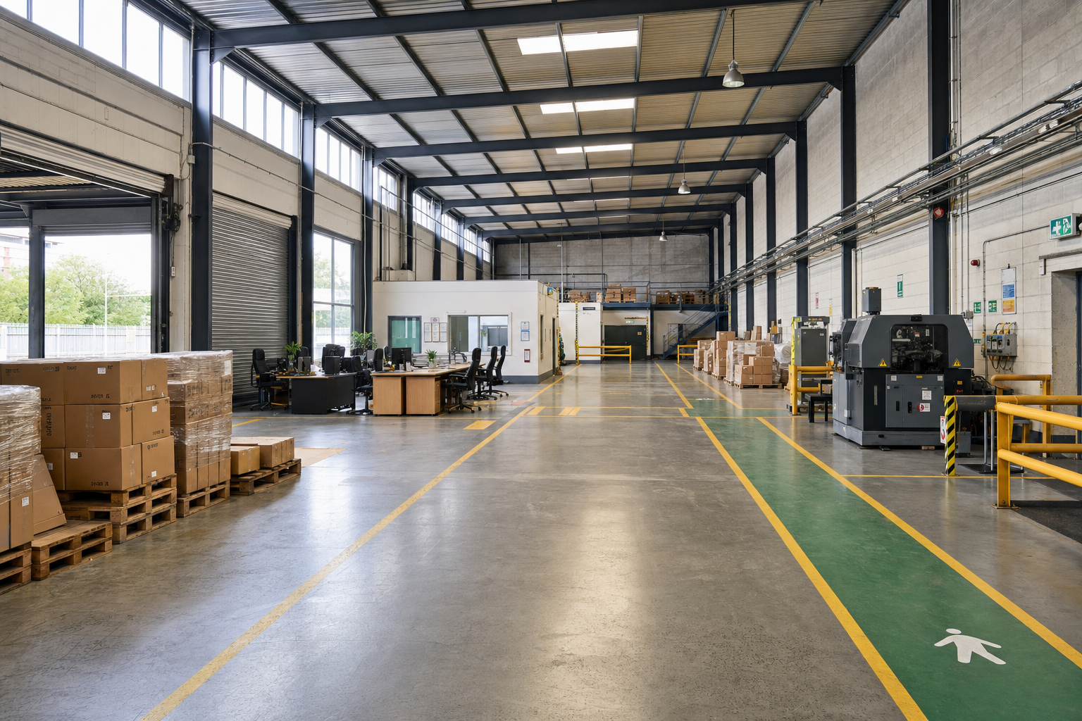Interior of a spacious warehouse featuring stacked boxes, workstations, and industrial equipment.
