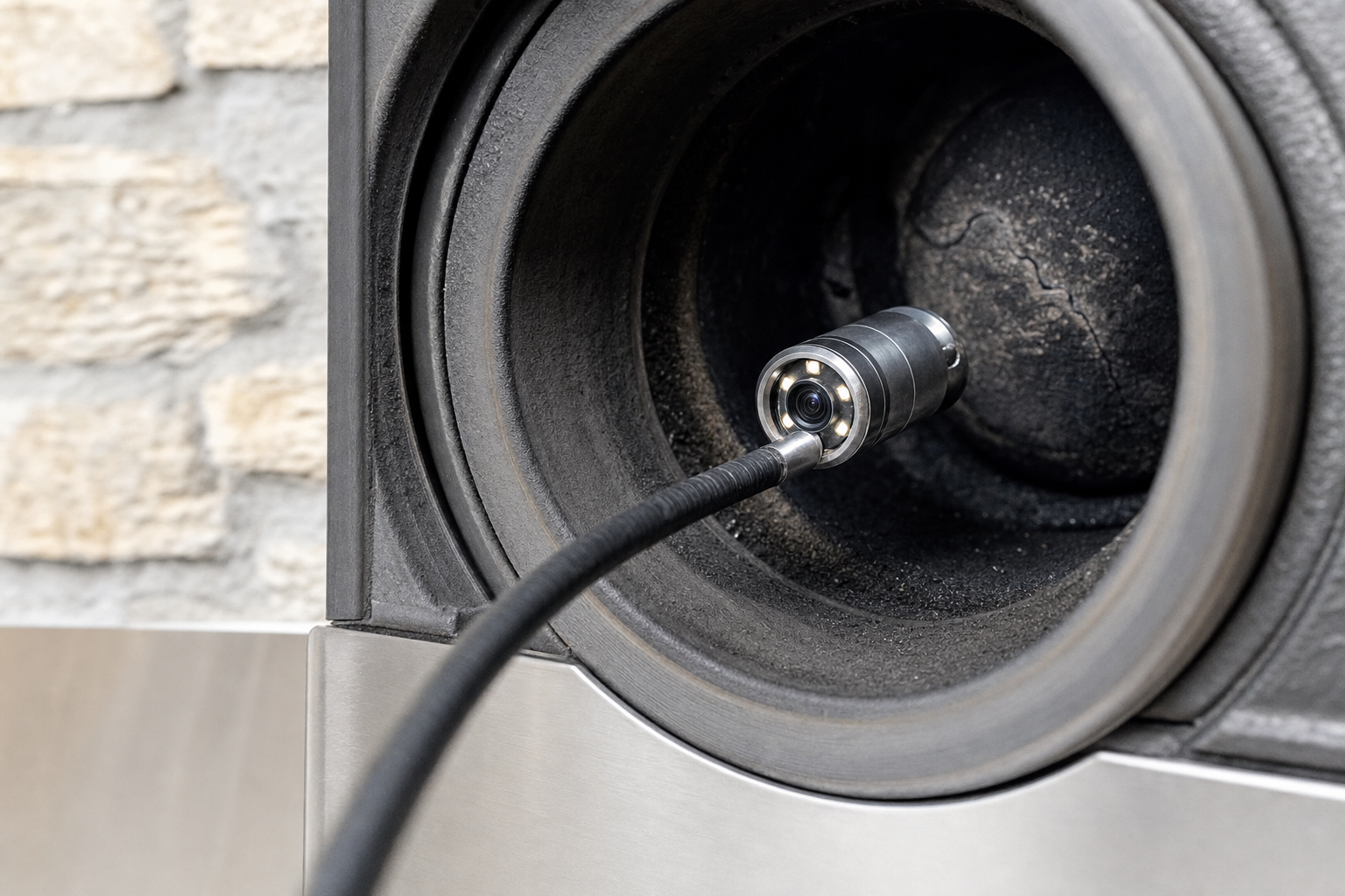An inspection camera probe is inserted into a large industrial pipe or duct.