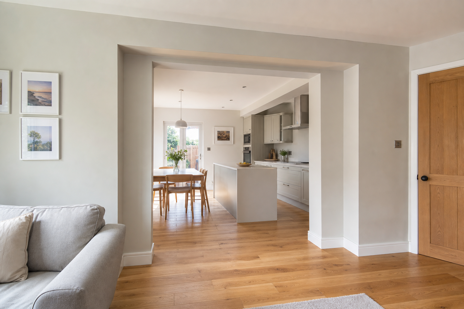 Modern open-plan kitchen and dining area with wooden flooring and grey walls, featuring a light-filled space and contemporary decor.