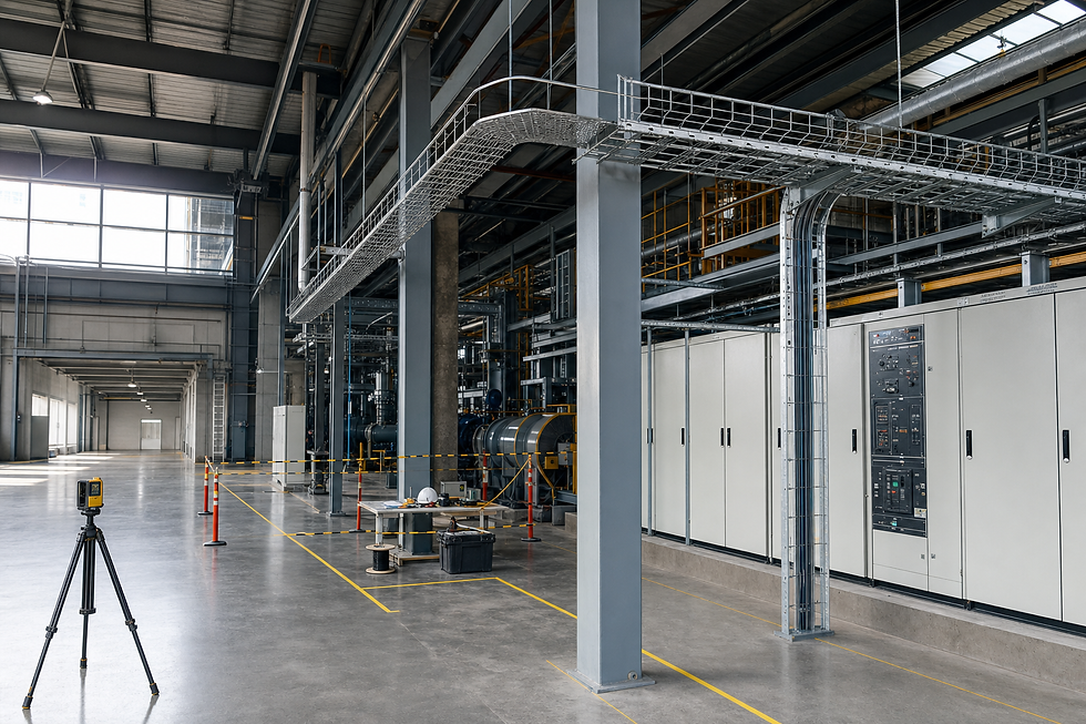 An industrial facility interior with machinery, control panels, and a tripod-mounted device in the foreground.