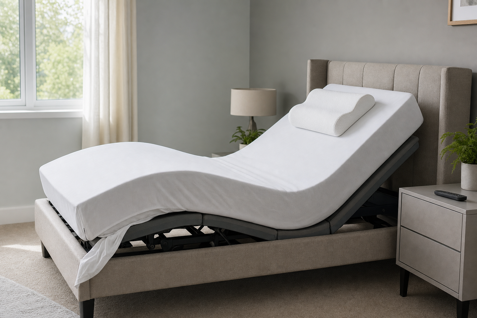 Adjustable bed with a white mattress in a raised position, beside a bedside table with a remote control.