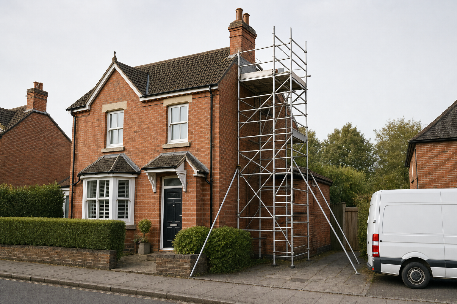 Red brick house with a black door, metal scaffolding, and a white van parked on the pavement.