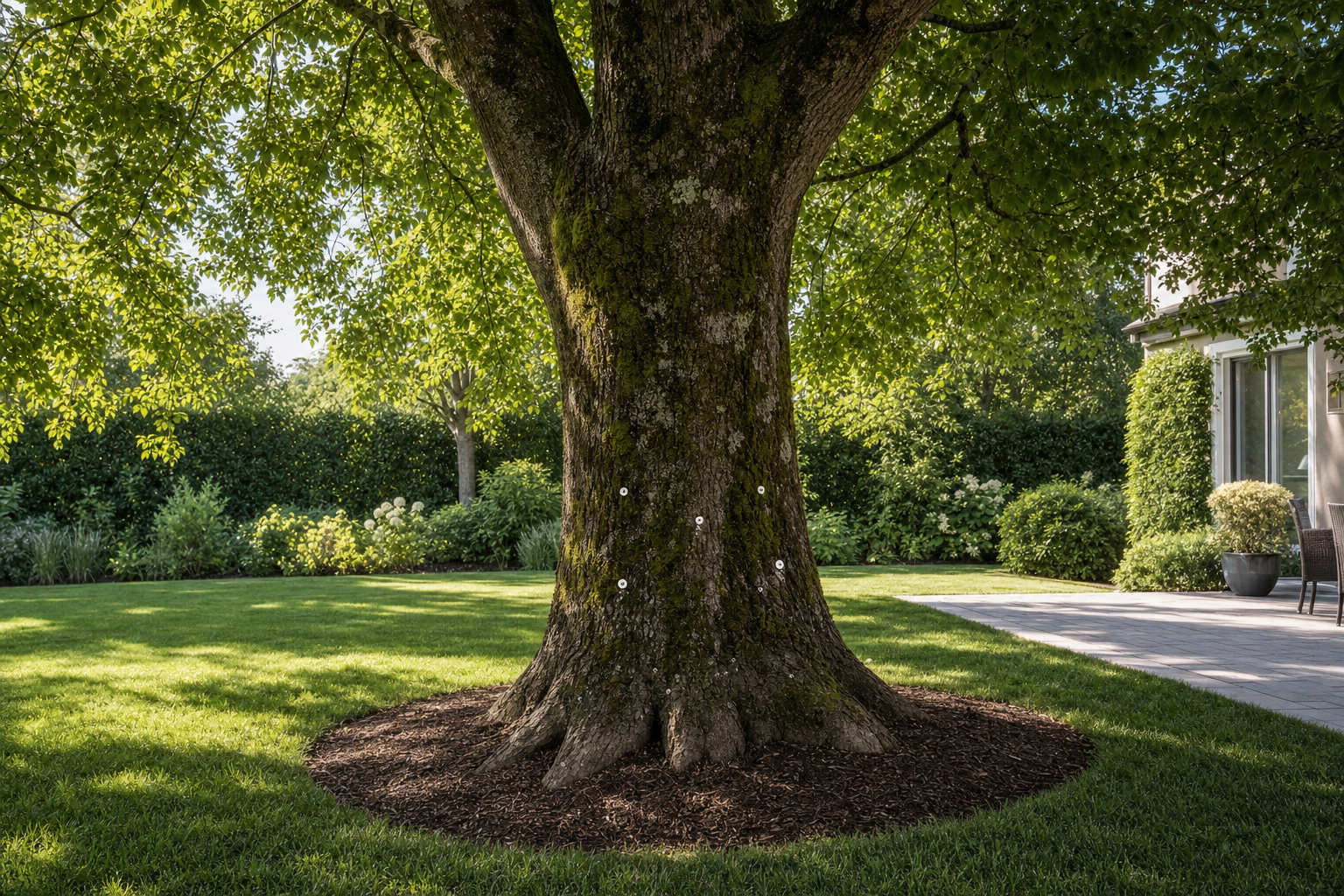 Large tree in a neatly landscaped garden next to a patio with outdoor seating.