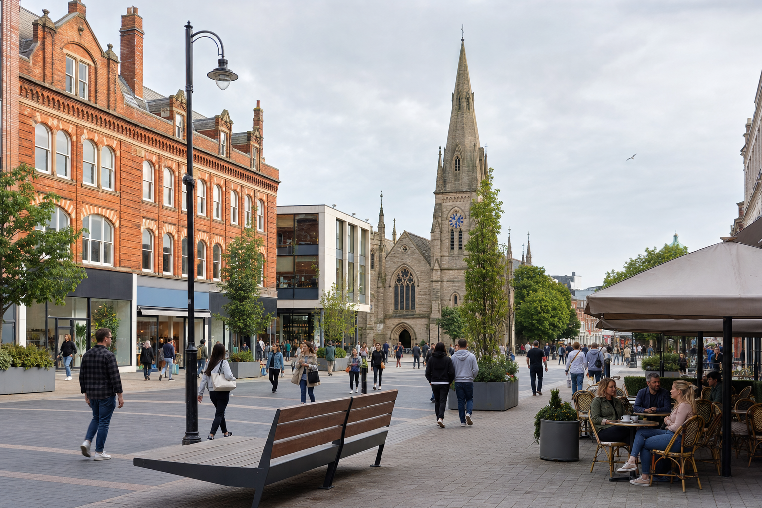 A bustling pedestrian street with people walking, a café on the right, and a historic building with a spire in the background.