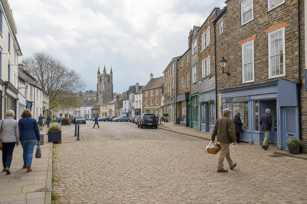 A cobbled street in a quaint town with historic buildings and a church tower in the background.