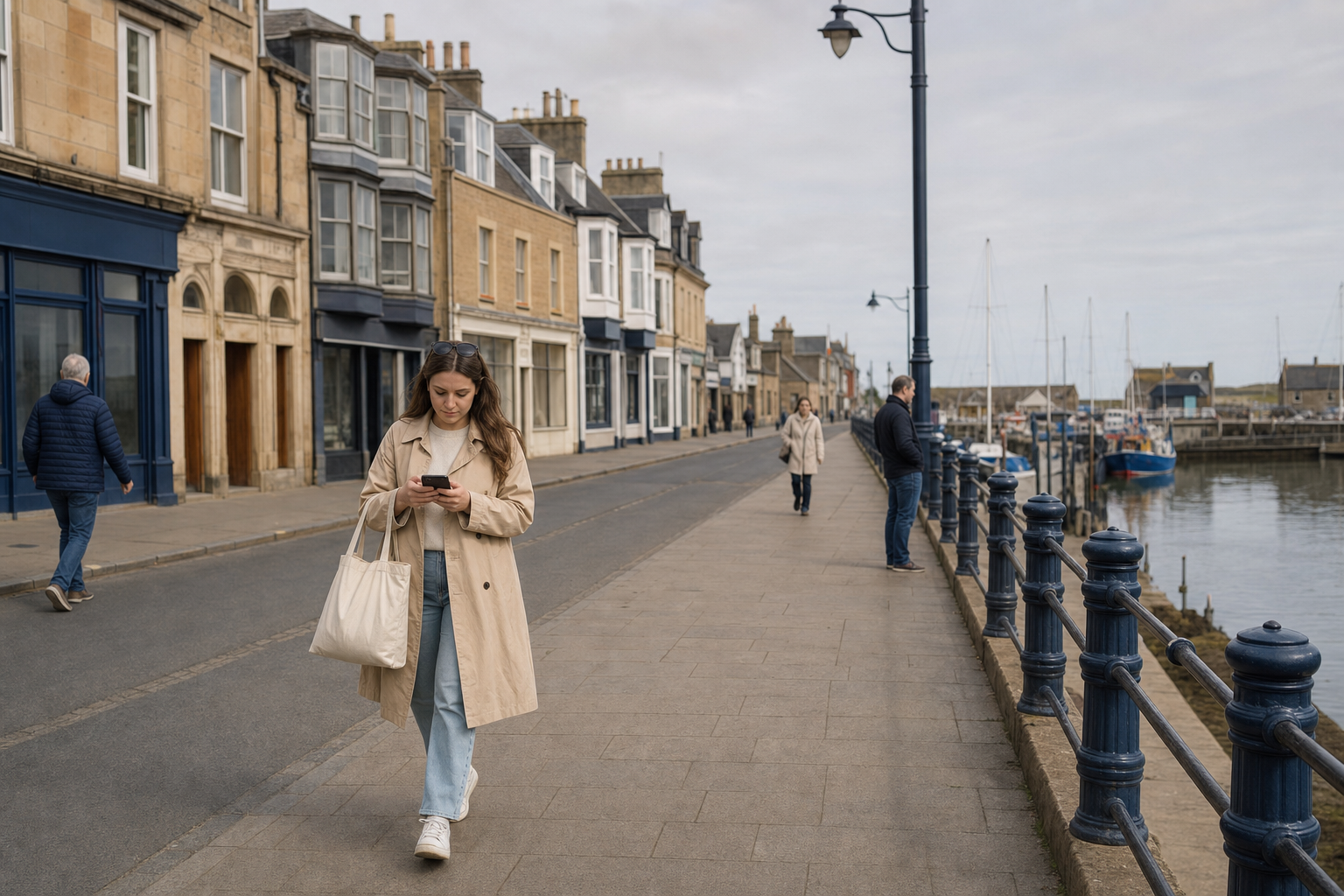 A woman in a beige coat walks along a harbour street, checking her phone, with boats and buildings in the background.