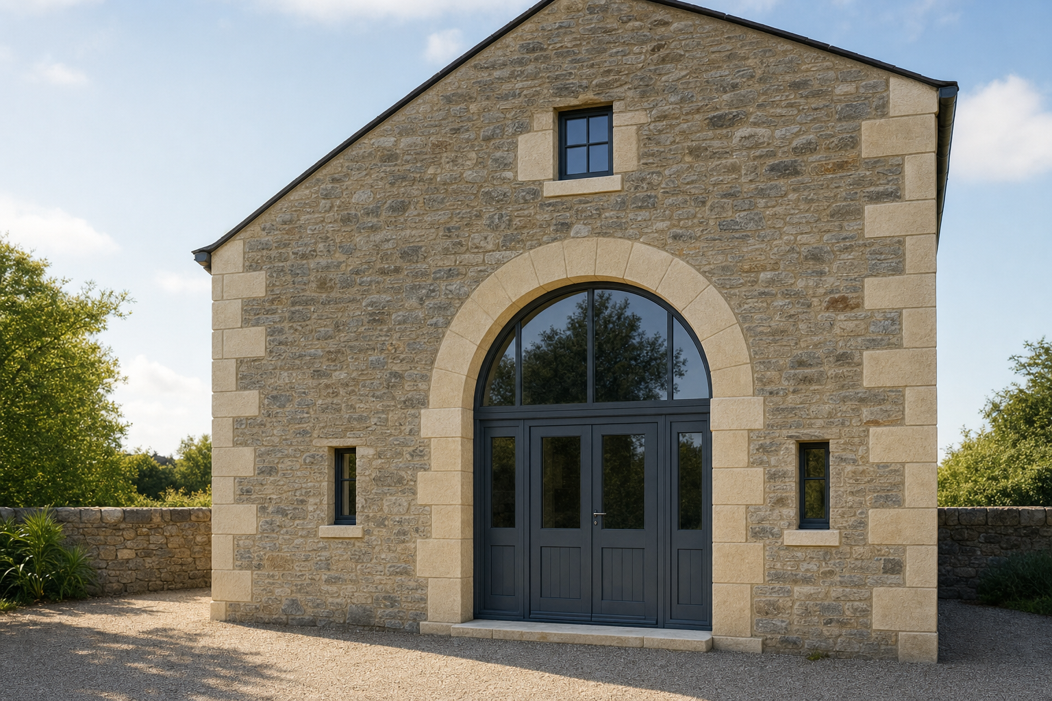 Stone building with large arched windows and a gravel driveway, set against a backdrop of trees.