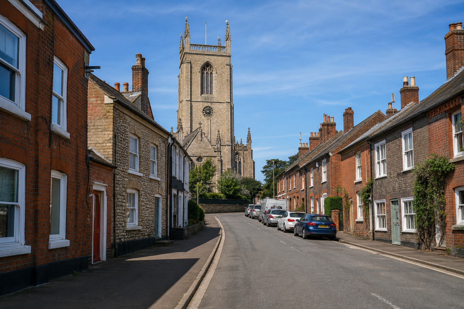 Narrow street lined with brick houses leads to a tall church tower under a clear blue sky.