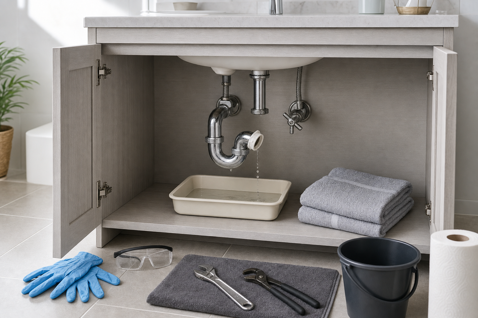 A leaking sink pipe dripping water into a tray, surrounded by cleaning tools and towels in a bathroom cabinet.