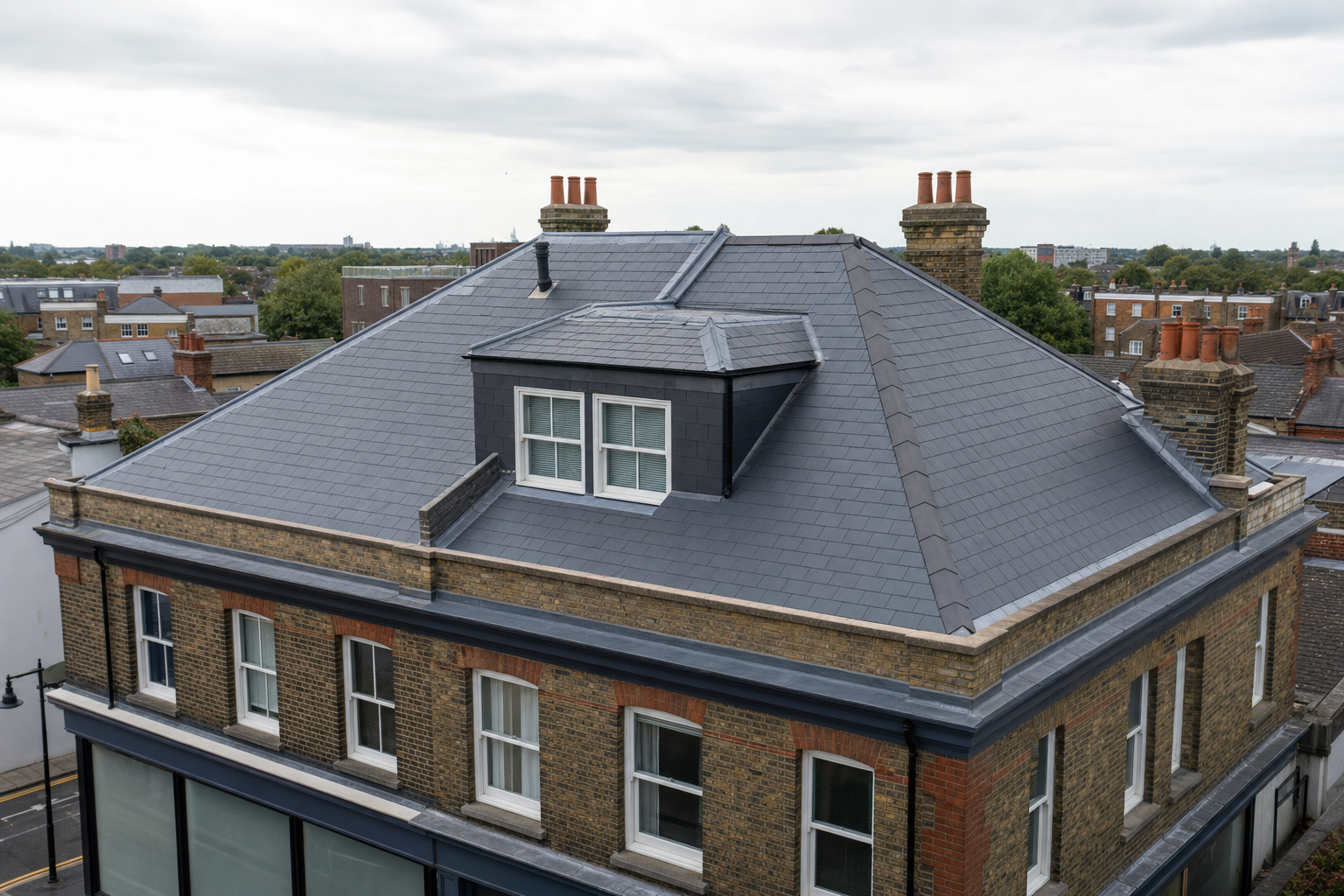 A grey slate roof with chimneys on a brick building, surrounded by a residential neighbourhood under an overcast sky.
