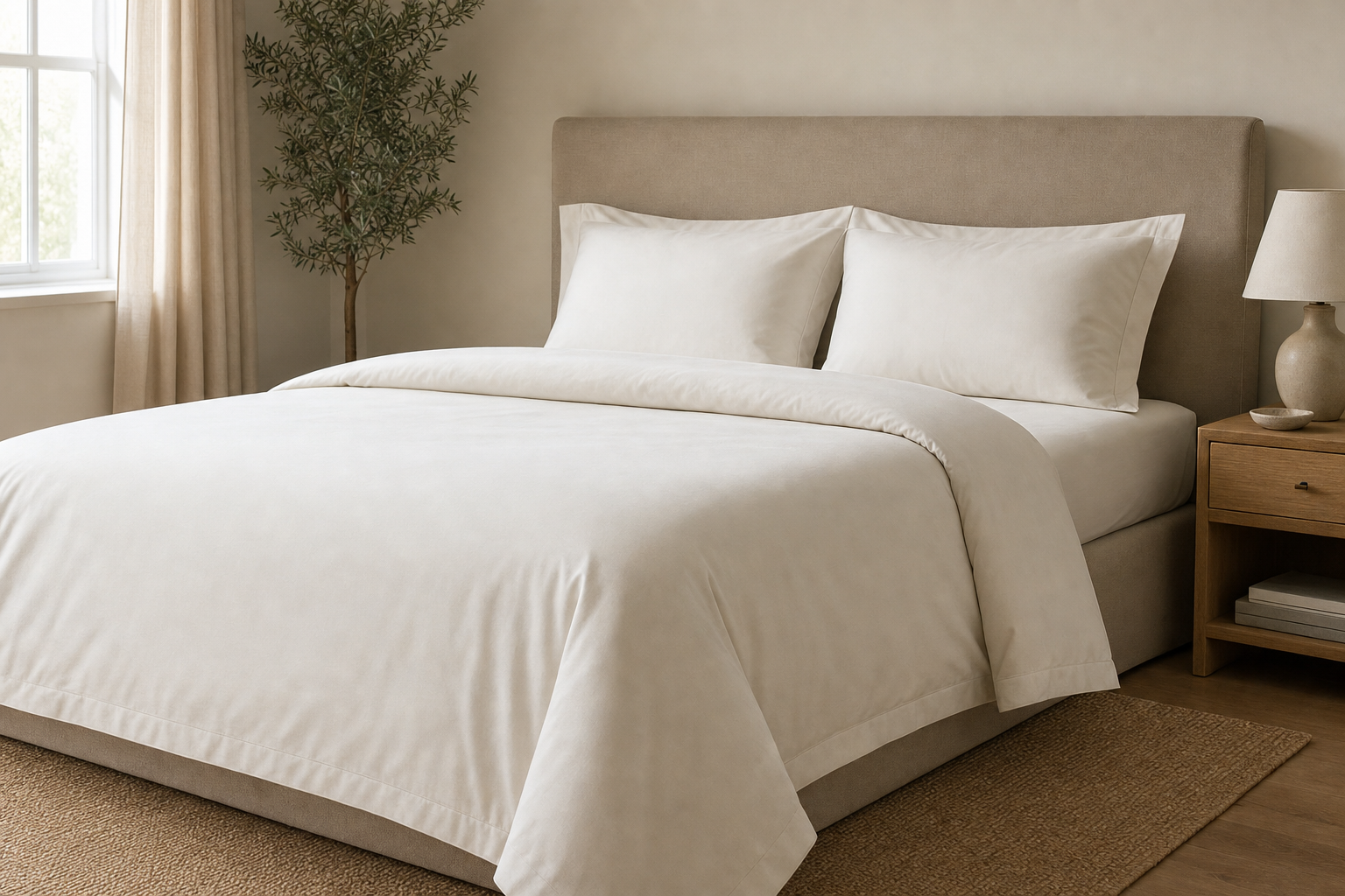 A neatly made bed with neutral-coloured bedding in a serene bedroom, featuring a bedside table and a potted plant.