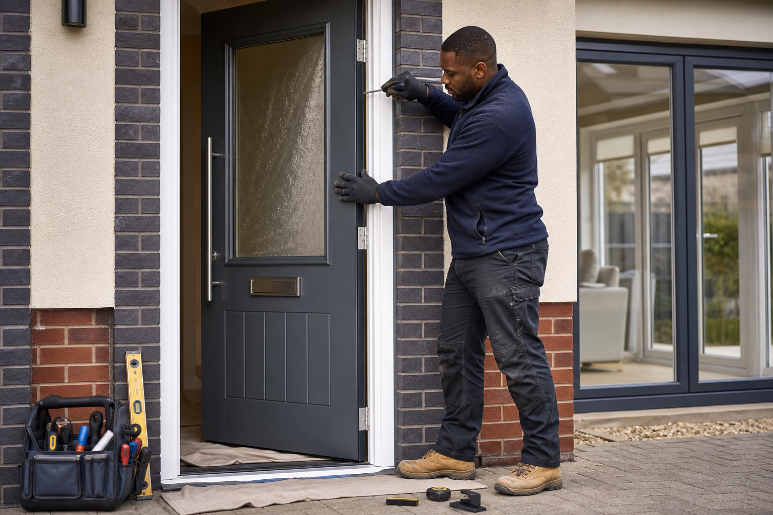 A man wearing gloves adjusts the hinge of a dark blue front door on a modern house.