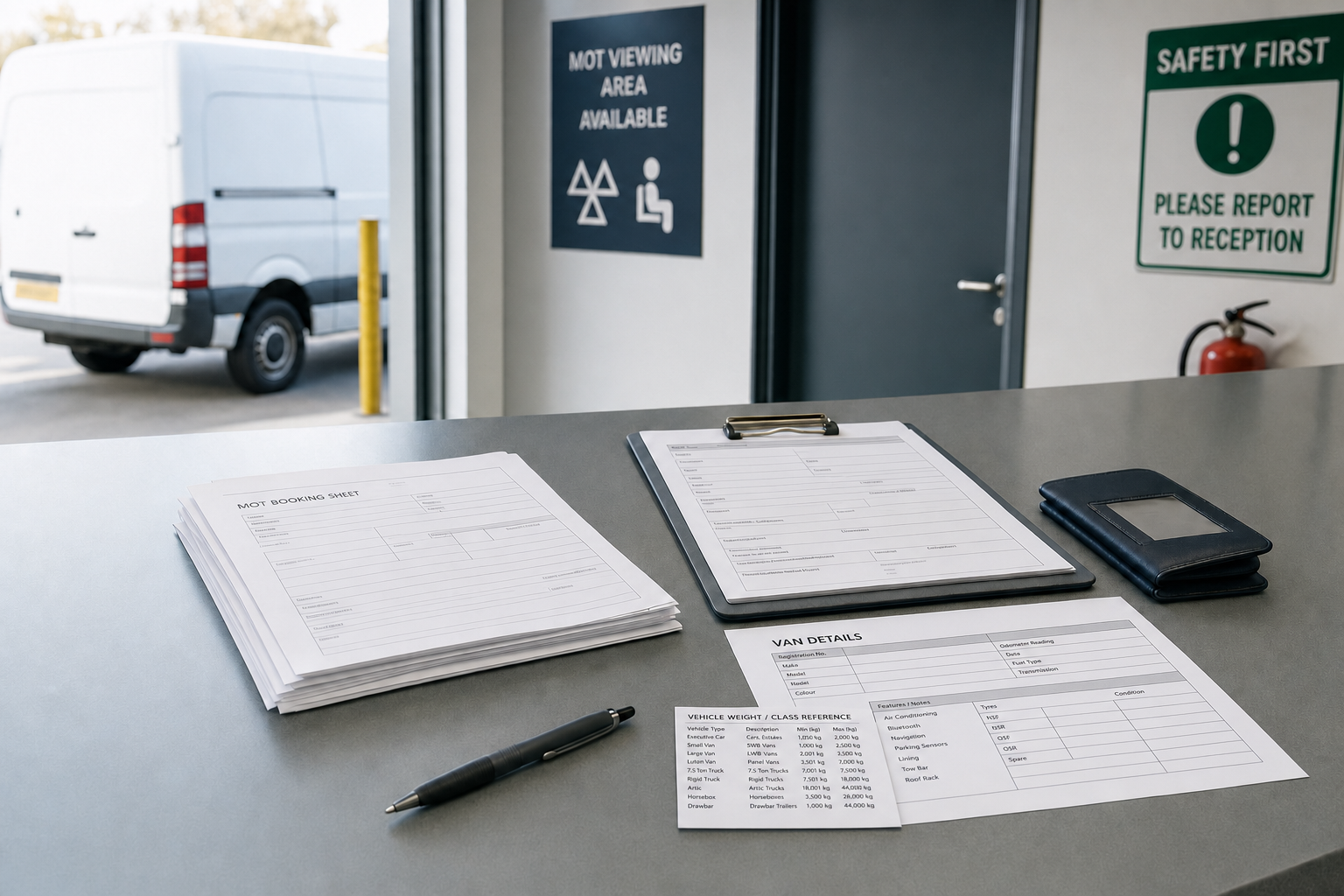 Documents and a pen are placed on a counter near a van inside an MOT test centre garage.