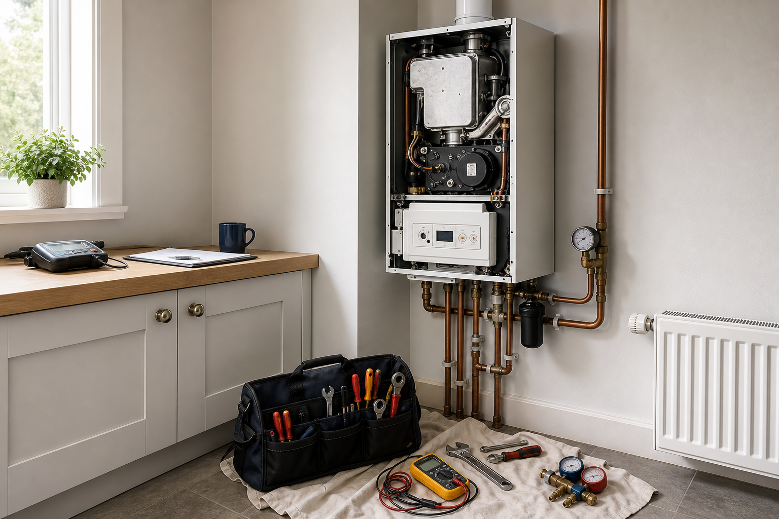 Modern boiler installation with open panel, surrounded by tools and a workbench.