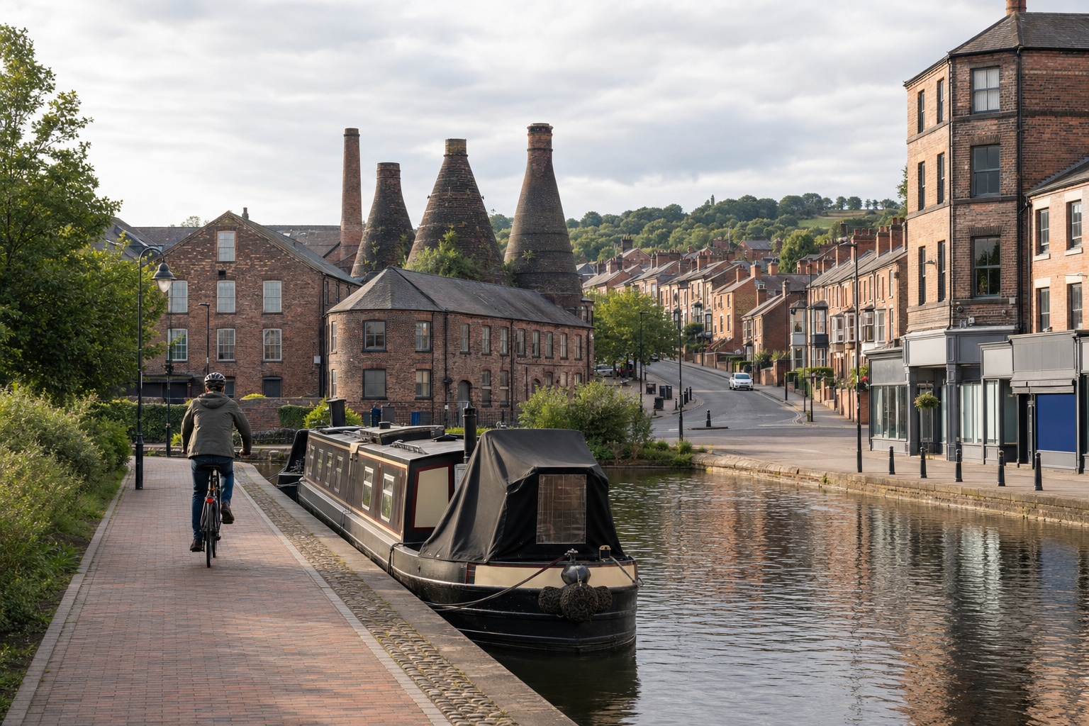 A cyclist rides along a canal towpath in a historic British town with distinctive redbrick buildings and bottle kilns.