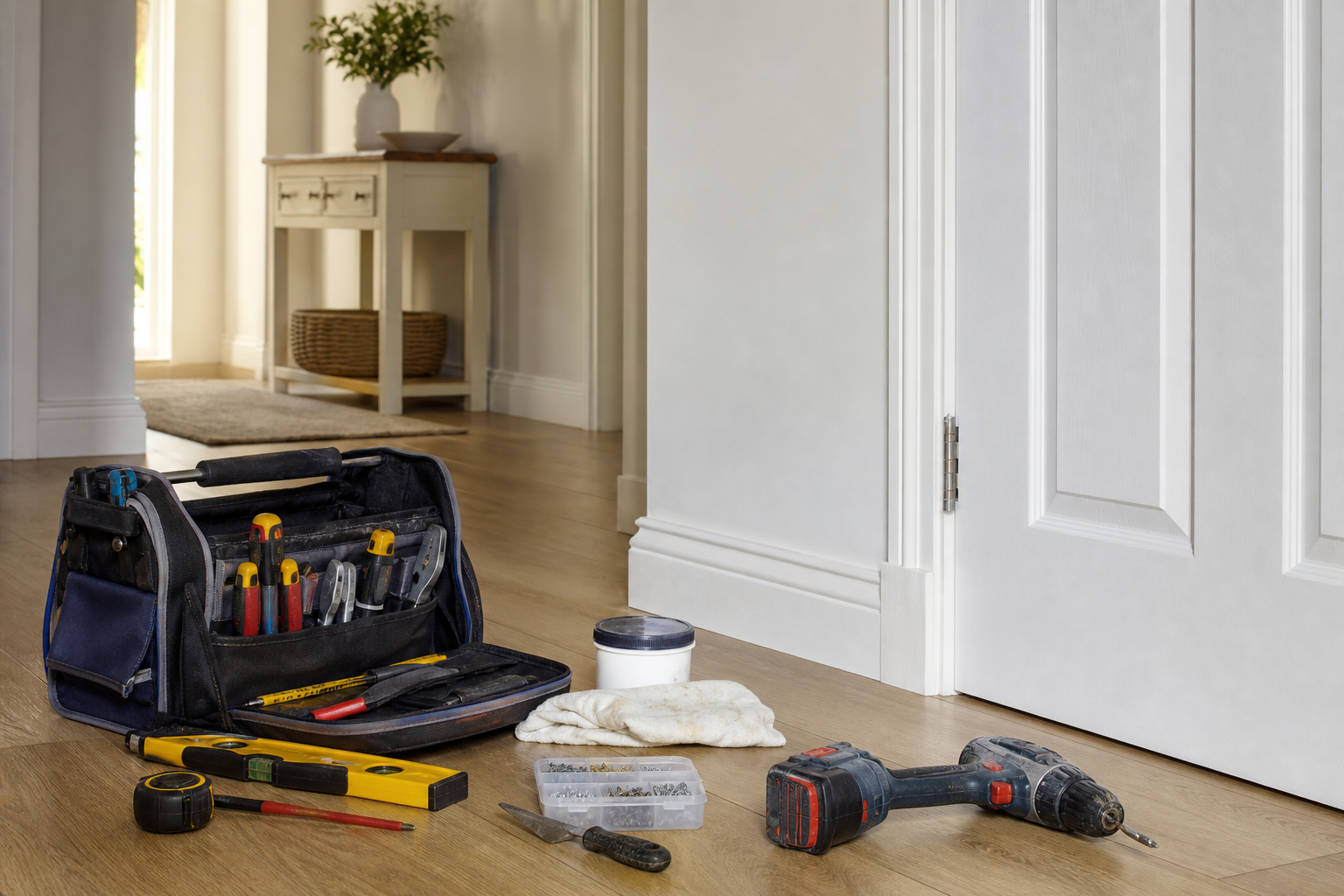 A toolkit with various tools is laid out on a wooden floor next to an open door.