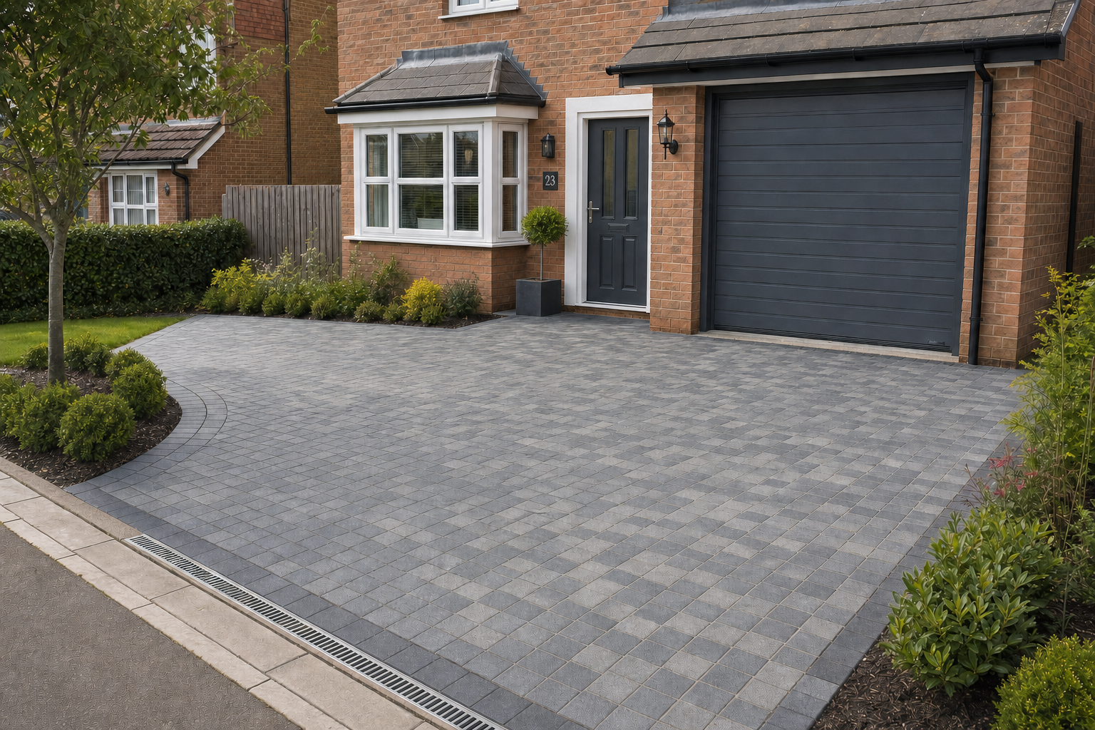 Modern brick driveway and garage of a suburban house with neat landscaping.