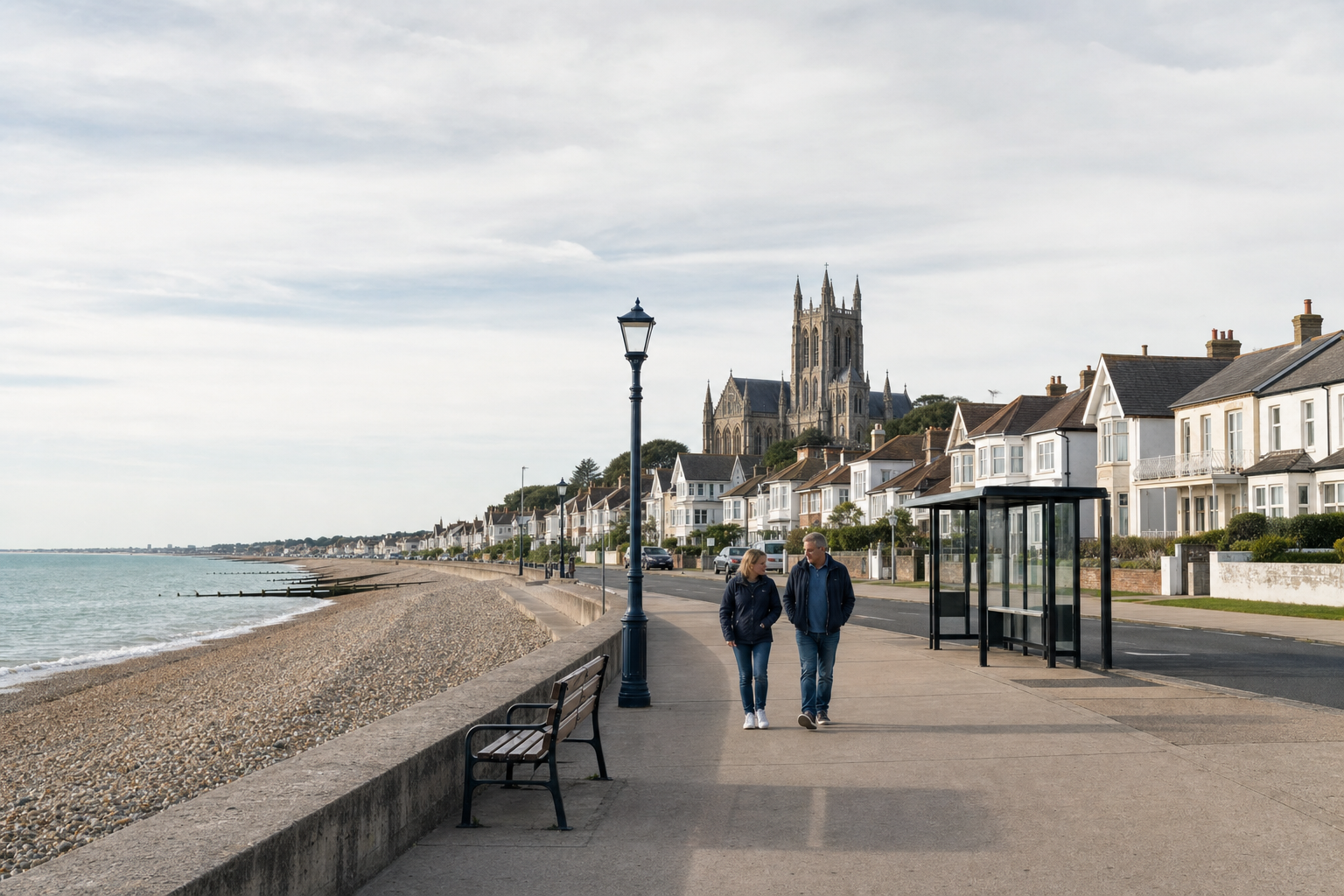 A couple strolls along a seaside promenade with a row of houses and a church in the background.