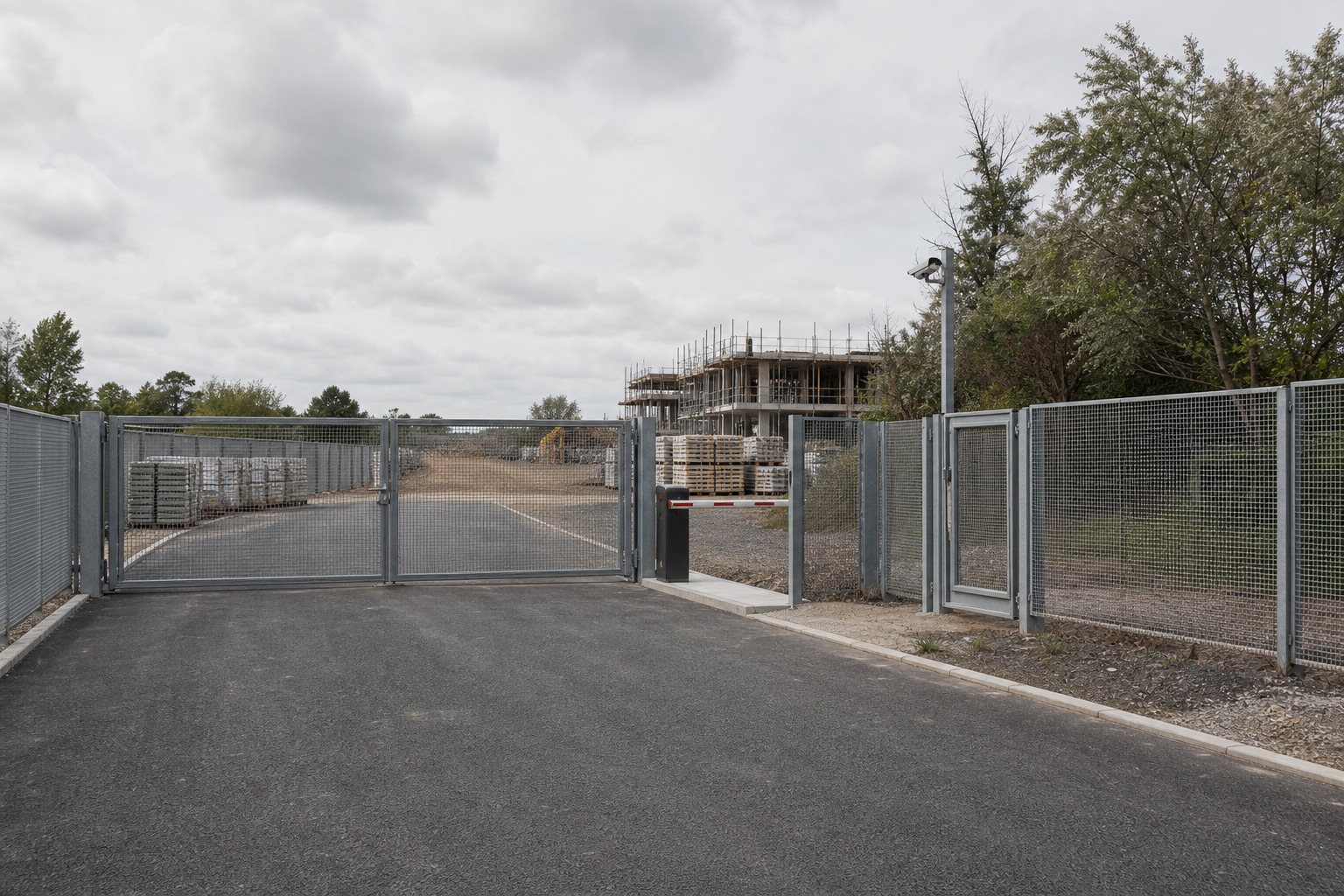 Metal gates and fencing enclose a construction site with a partially built structure in the distance.