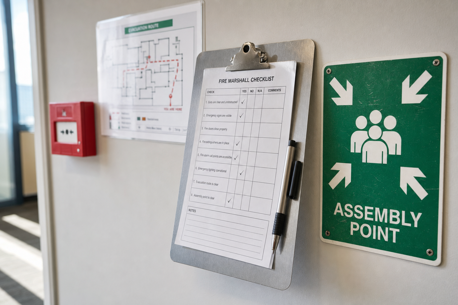 Fire safety checklist on a clipboard next to an assembly point sign and evacuation route map.