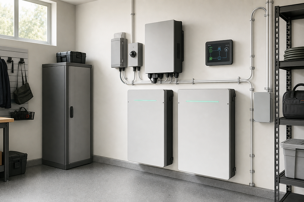 A neatly organised garage with energy storage systems and a digital control panel on the wall.