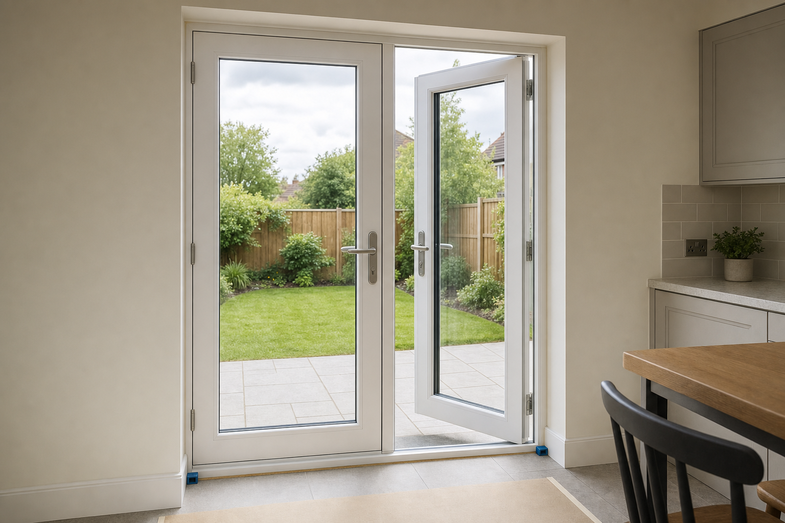 Open patio doors lead to a garden with a lawn, surrounded by a wooden fence and greenery.