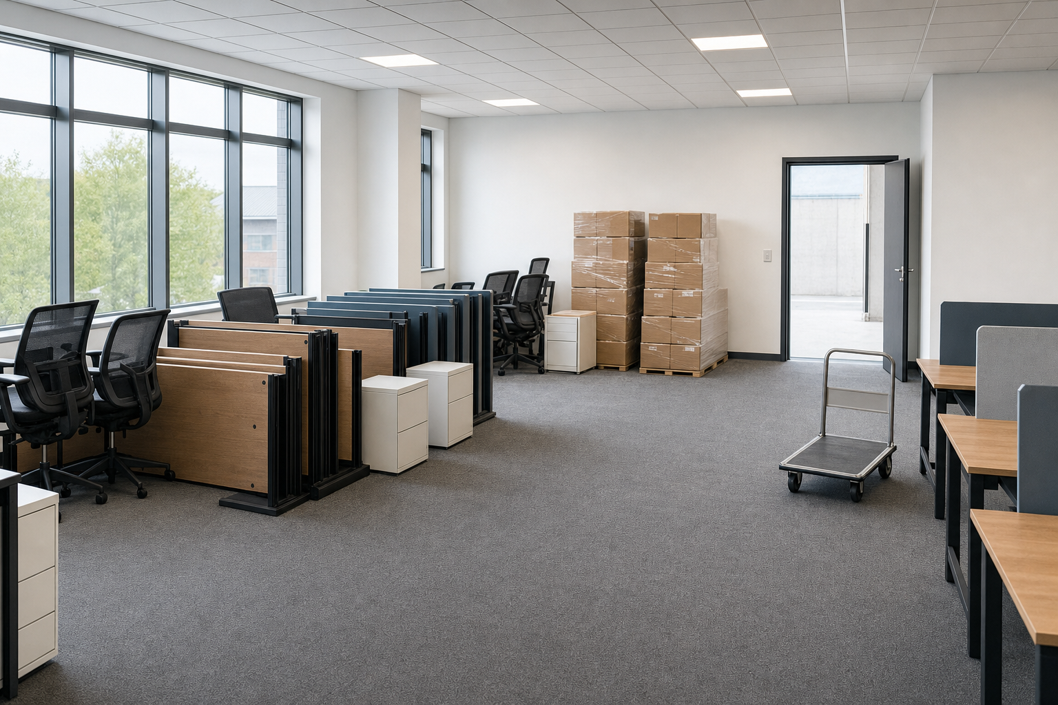 An empty office space with stacked furniture, boxes, and a moving trolley.