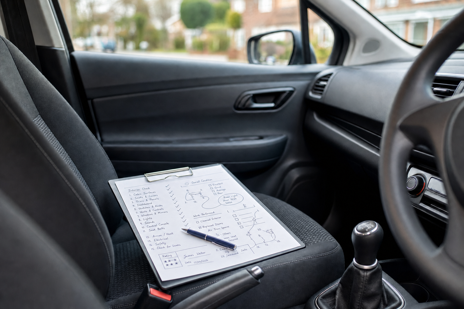 A clipboard with a vehicle inspection checklist and pen rests on the passenger seat of a car.