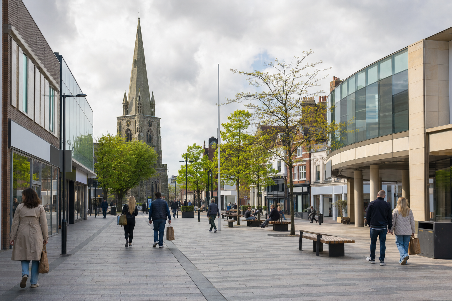 A pedestrian street scene with a mix of modern and historic architecture, featuring a tall church spire in the background.