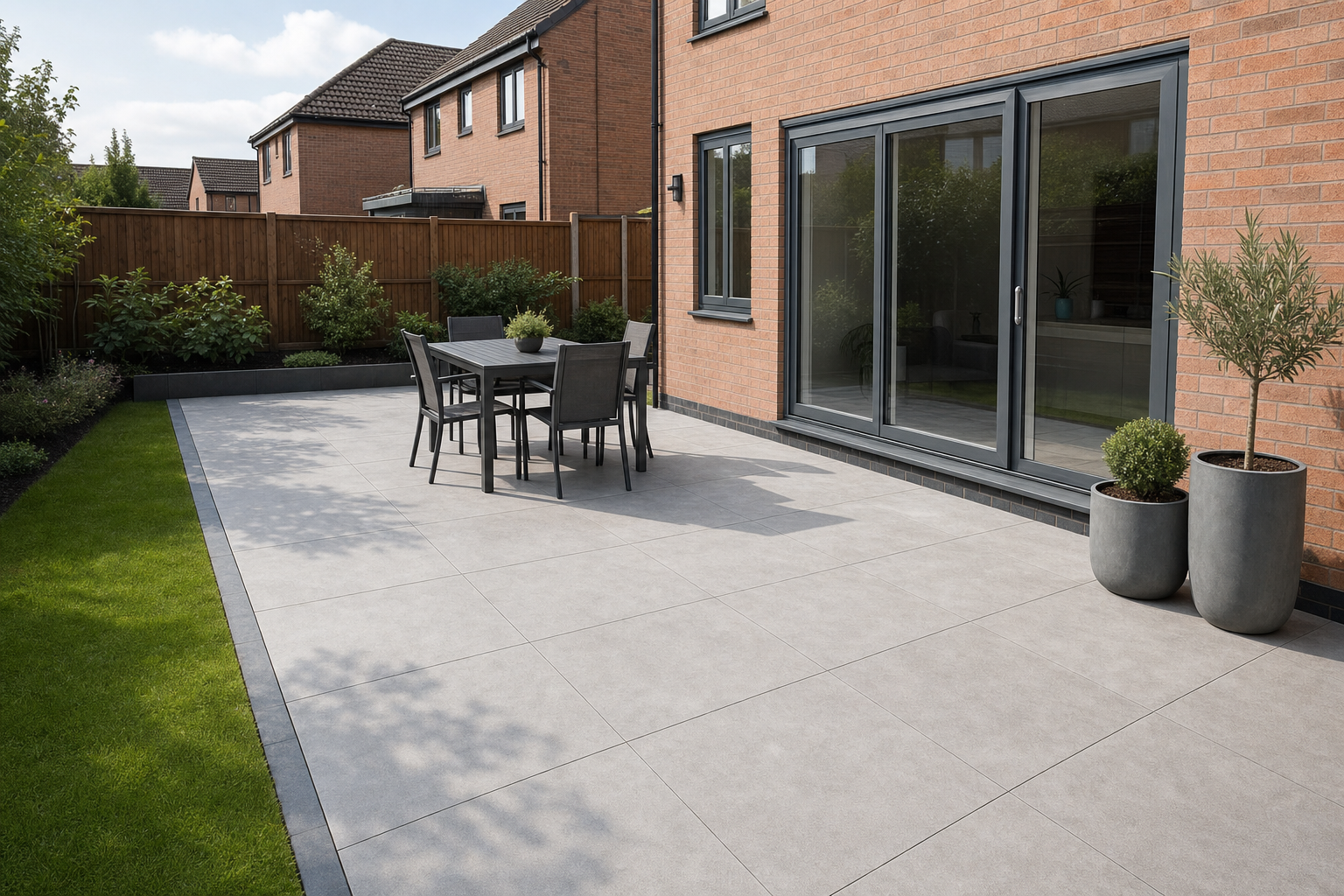 Modern patio with grey tiles, a black dining set, and potted plants, adjacent to a red brick house with large sliding doors.