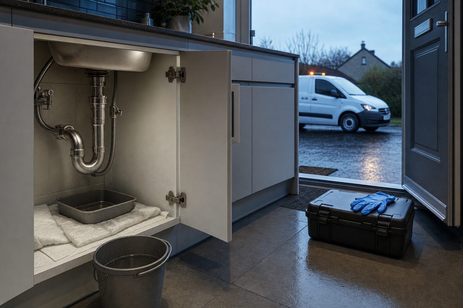 A kitchen with an open cupboard revealing plumbing, a bucket, and a toolbox with gloves, while a van is parked outside.