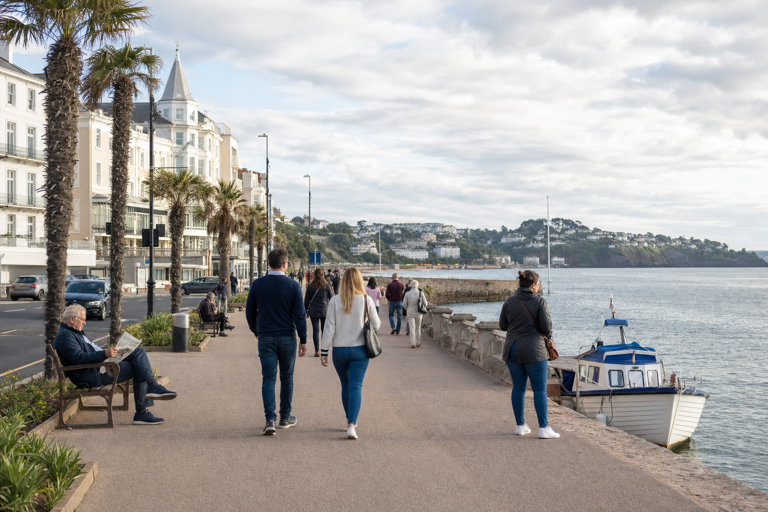People walking along a seaside promenade lined with palm trees and a boat moored by the water.