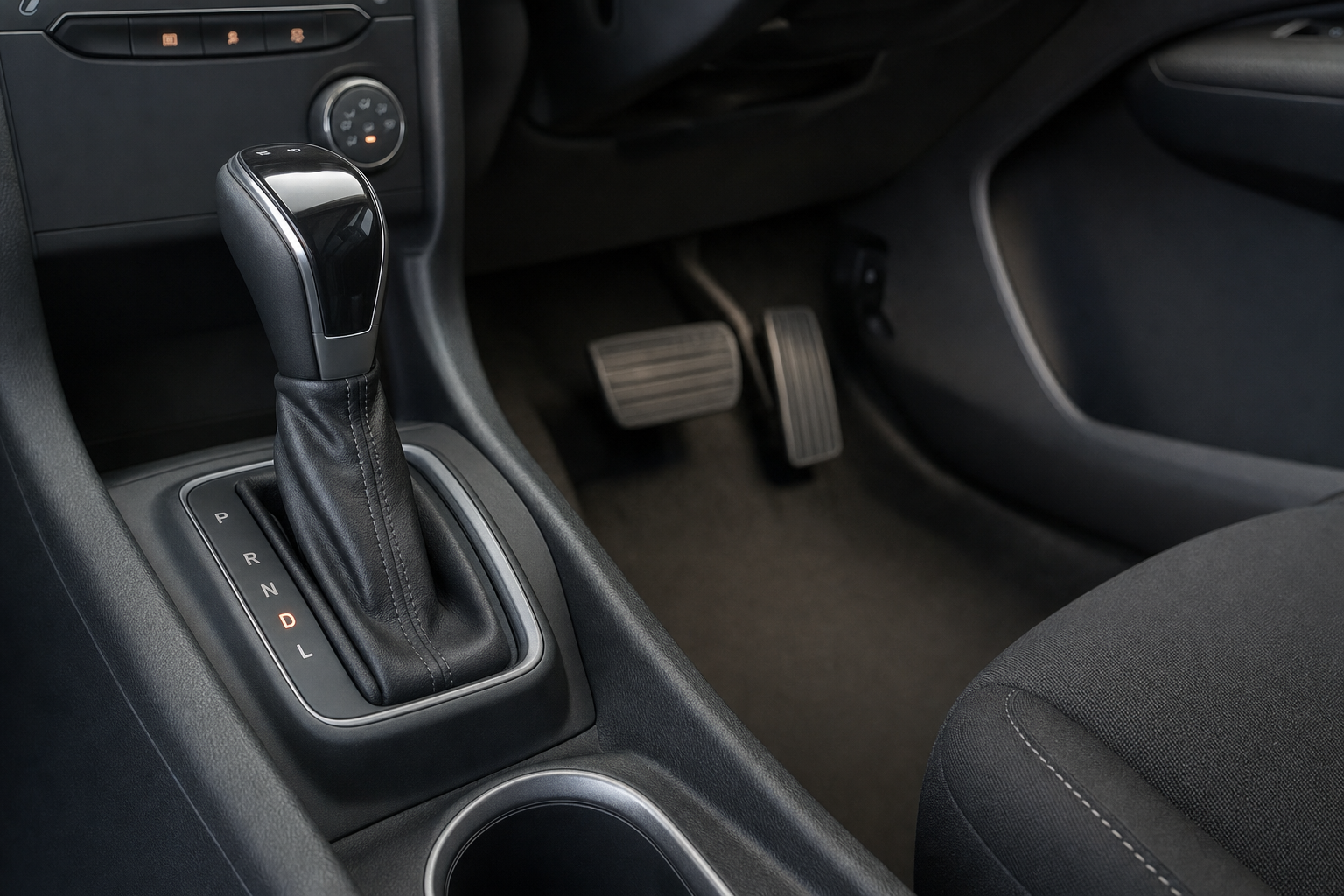 Automatic gear shift lever and pedals in a car's interior.