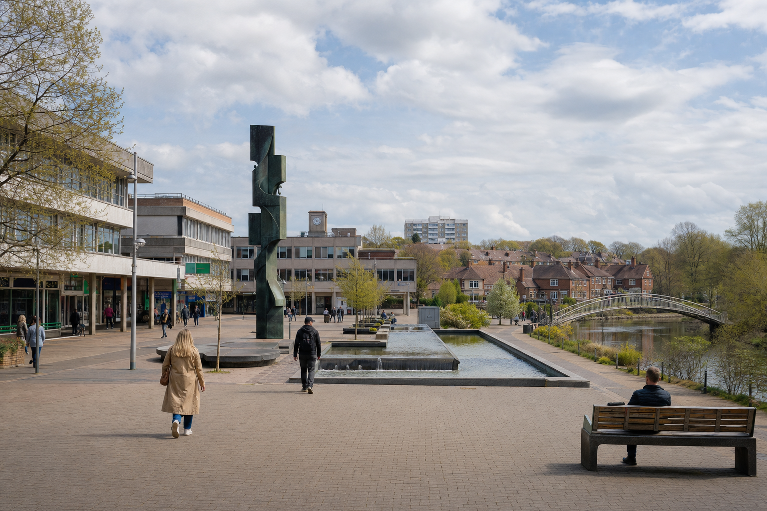 A modern sculpture stands near a pond in an urban square, with people walking and sitting on benches under a partly cloudy sky.