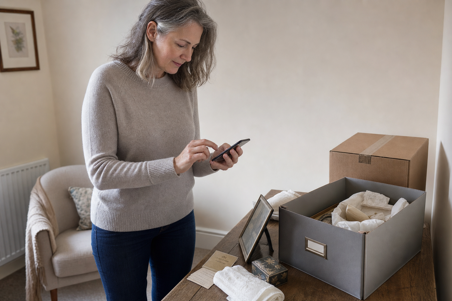 Woman using a smartphone while organising items in a box on a wooden table.